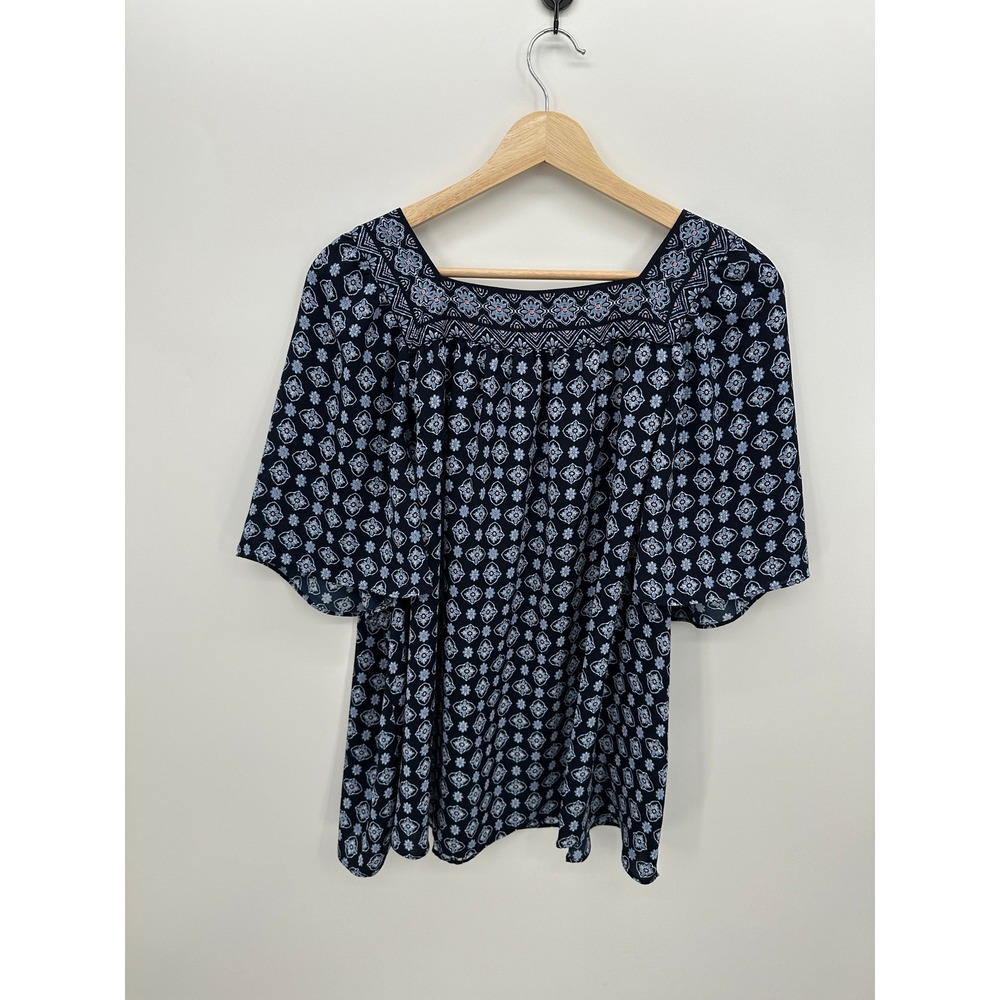 J.Jill 2X Silk Rayon Peasant Blouse Blue Floral Boho Lagenlook Cottagecore